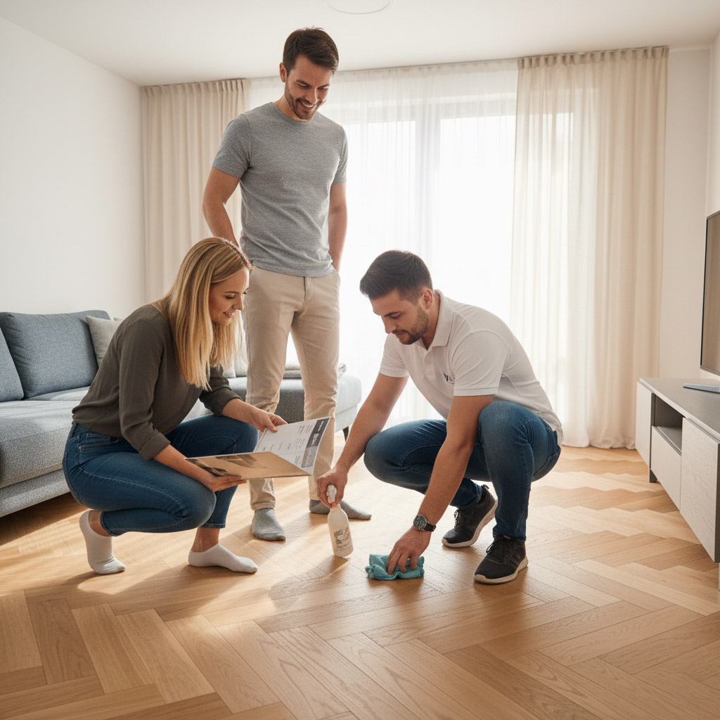 Bodenleger übergibt frisch verlegten Parkettboden an zufriedene Kunden und erklärt die Pflegehinweise für langfristigen Werterhalt. Bodenleger übergibt frisch verlegten Parkettboden an zufriedene Kunden und erklärt die Pflegehinweise für langfristigen Werterhalt.