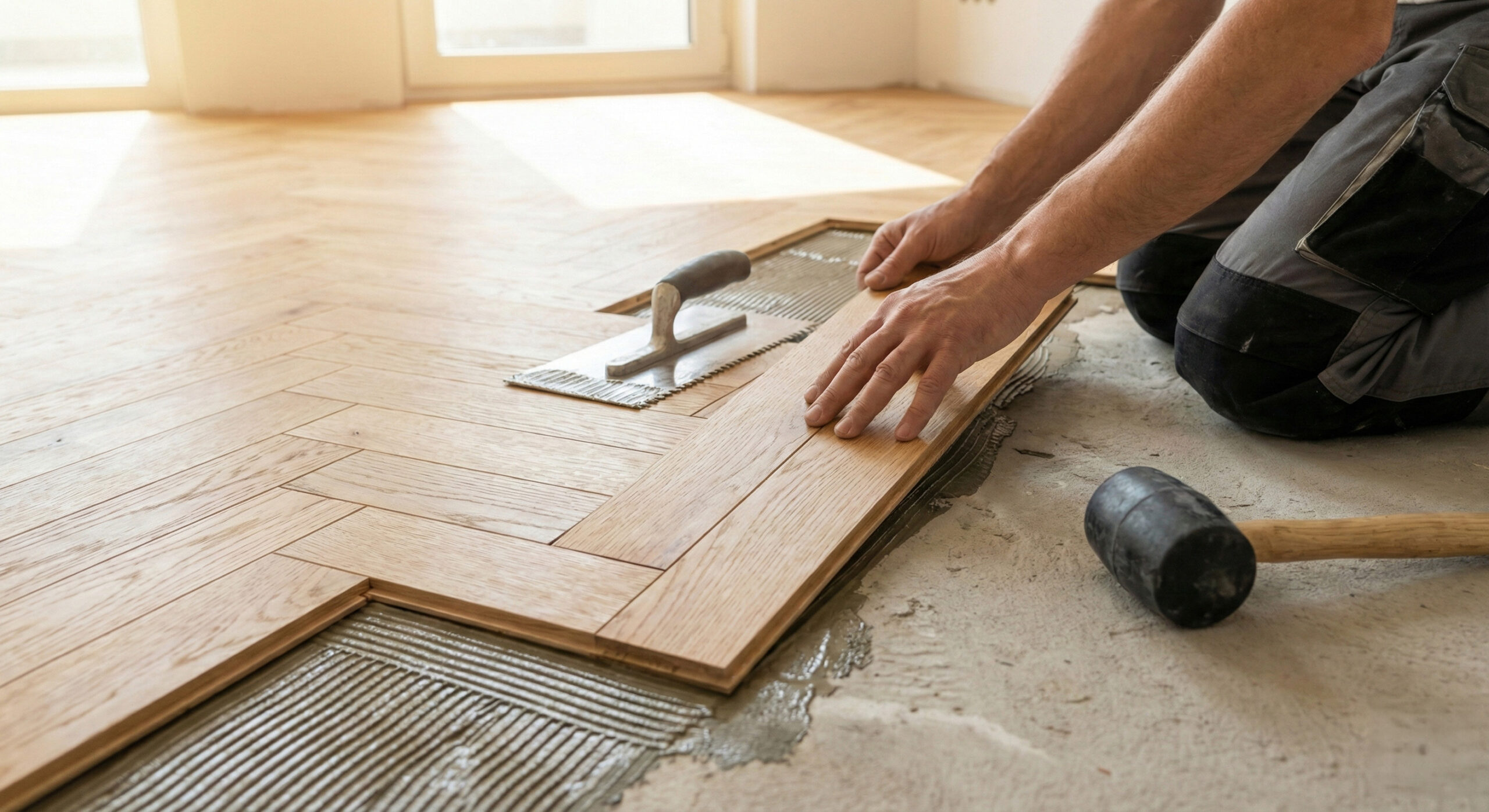 Erfahrener Parkettleger beim präzisen Parkettboden-Verlegen in einem Wohnzimmer. Erfahrener Parkettleger beim präzisen Parkettboden-Verlegen in einem Wohnzimmer.